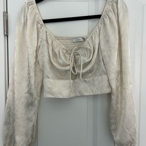 Lush White Crop Blouse with Tie Front and Ruched Details